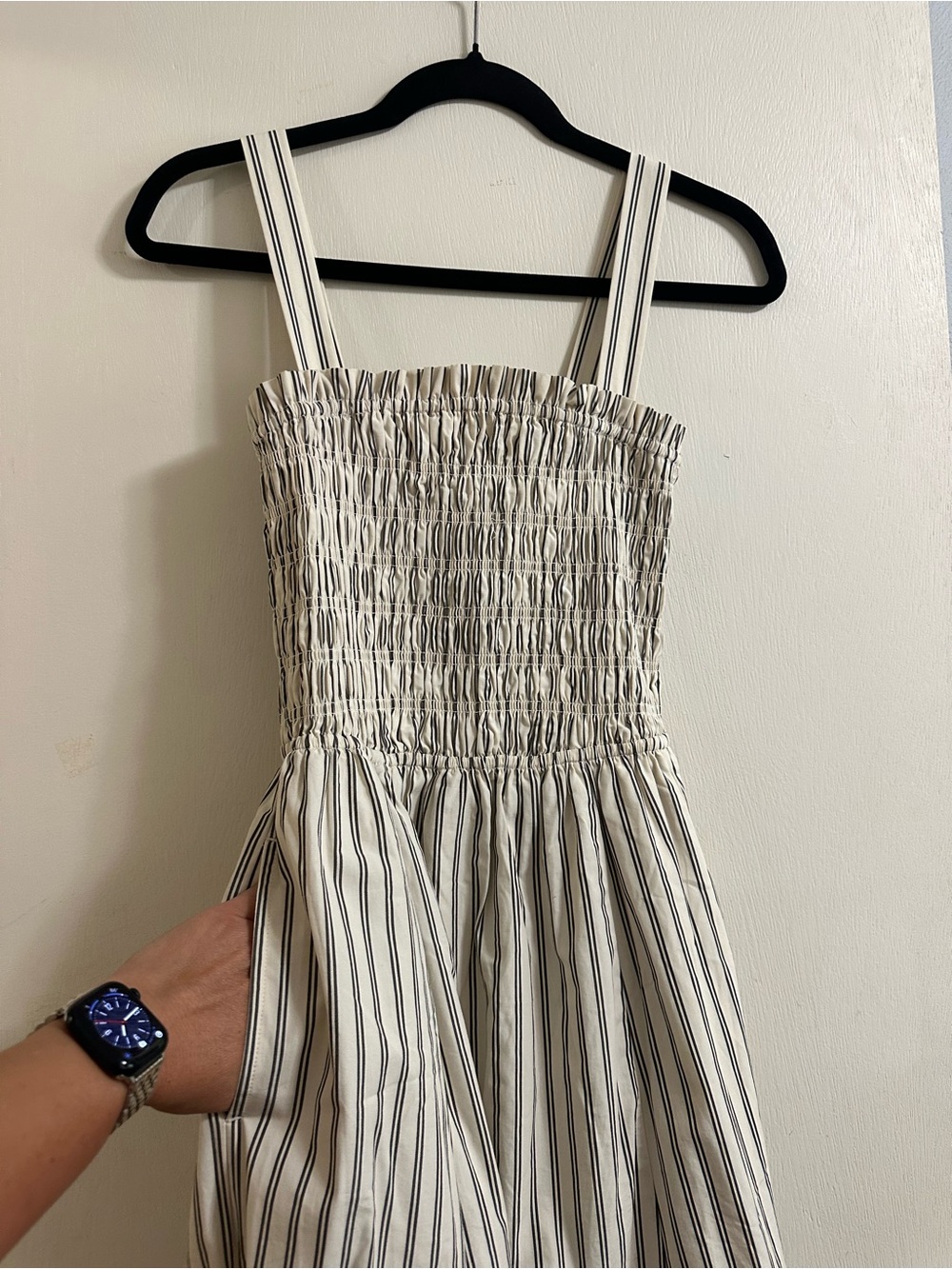 Striped Smocked Midi Sundress in Cream and Charcoal - Picture 4 of 6